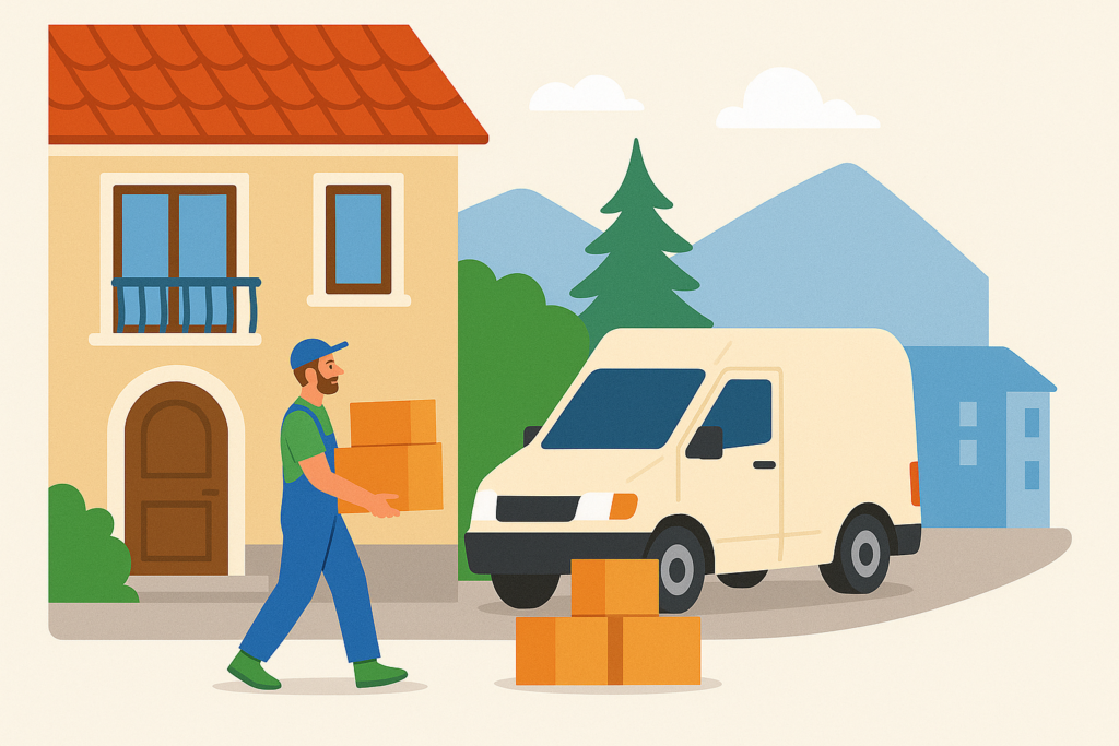 Ein Umzugshelfer lädt Kartons in einen Transporter vor einem Haus, Sinnbild für professionellen Umzugsservice in der Schweiz.