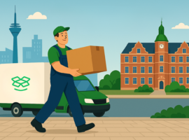 Ein Umzugshelfer trägt einen Karton vor einem Umzugswagen in einer Schweizer Stadt, Symbol für professionelle Umzugshilfe.