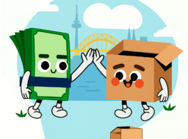 Umzug Bern – Umzugskarton und Geldsymbol feiern günstige Umzugskosten.