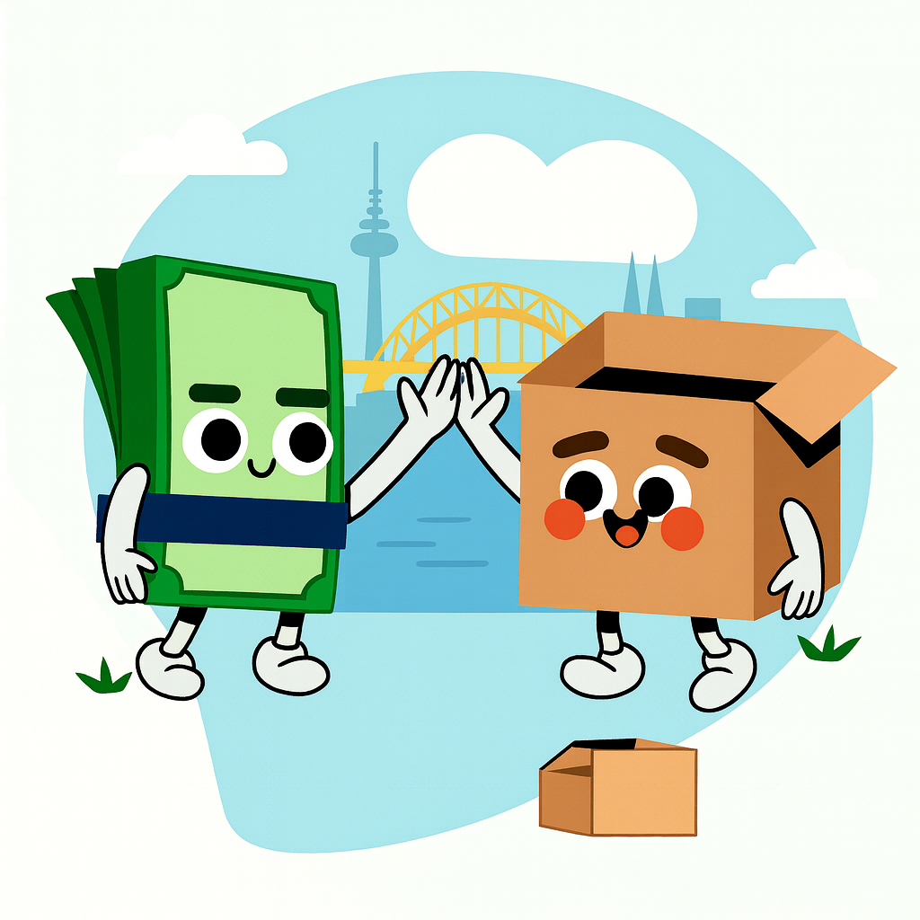 Umzug Bern – Umzugskarton und Geldsymbol feiern günstige Umzugskosten.