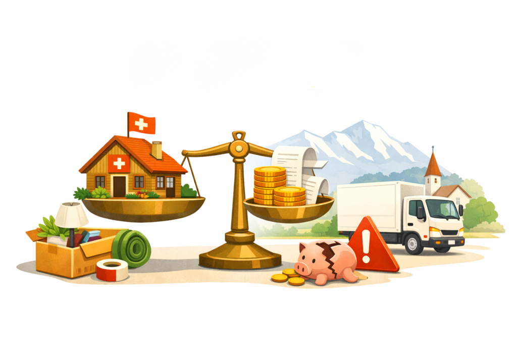Illustration mit Haus, Umzugswagen und Münzen, die die Umzugsfirma Kosten in der Schweiz symbolisch darstellen.