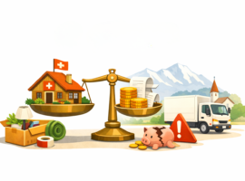 Illustration mit Haus, Umzugswagen und Münzen, die die Umzugsfirma Kosten in der Schweiz symbolisch darstellen.