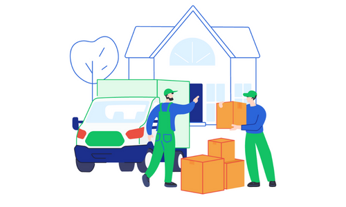 Zwei Umzugshelfer laden Kartons vor einem Haus aus – Unterstützung bei der Adressänderung Bei Umzug in der Schweiz