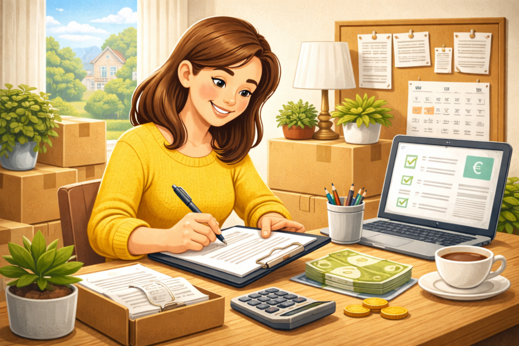 Frau prüft Dokumente und berechnet Umzugskosten am Laptop – Planung der Adressänderung Bei Umzug in der Schweiz