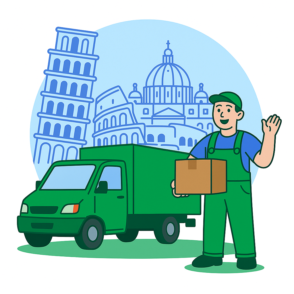 Grafik zu einem Umzug nach Italien mit Umzugsservice, Umzugsfirma und Umzugsfahrzeug vor bekannten italienischen Sehenswürdigkeiten.