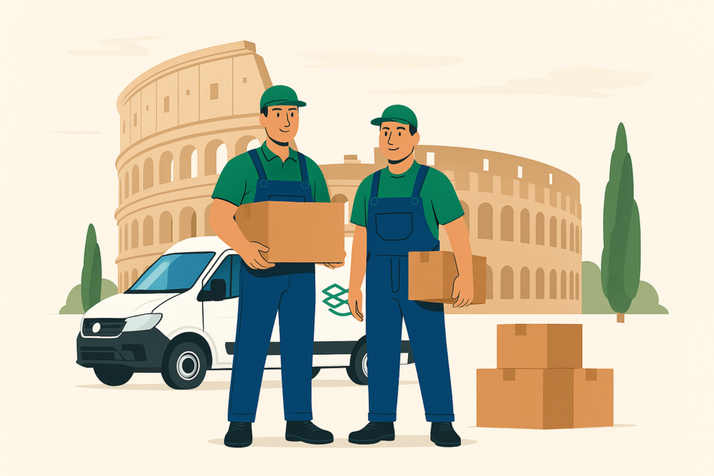 Illustration eines Umzugs nach Italien mit Umzugsfirma, Umzugsgut und Umzugsfahrzeug vor italienischer Kulisse.