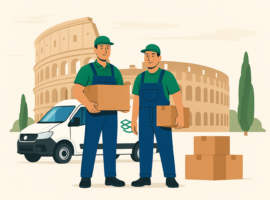 Illustration eines Umzugs nach Italien mit Umzugsfirma, Umzugsgut und Umzugsfahrzeug vor italienischer Kulisse.