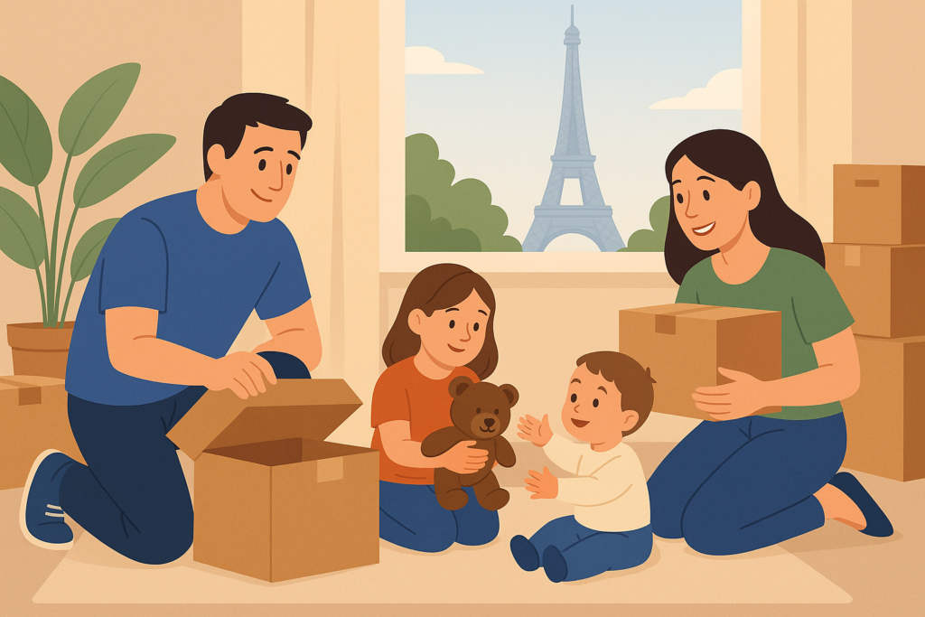 Schweizer Familie packt beim Umzug nach Frankreich Kartons aus mit Blick auf den Eiffelturm.