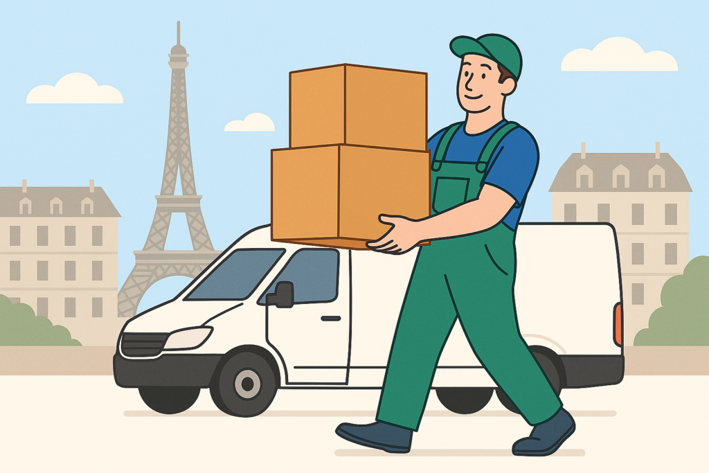 Mann trägt Umzugskartons vor dem Eiffelturm bei einem Umzug nach Frankreich.