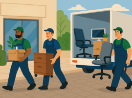 Büroumzug mit professionellem Umzugsunternehmen, das Büromöbel, Arbeitsstühle und Büroausstattung sicher transportiert.