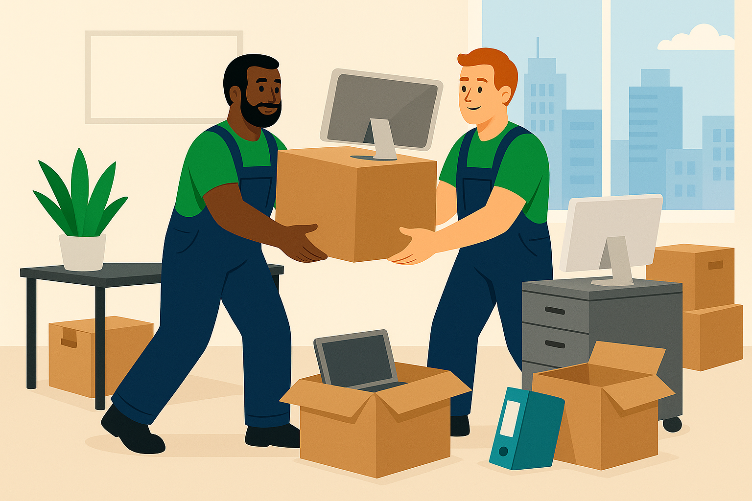 Büroumzug mit professioneller Umzugsfirma, die IT-Geräte, Akten und Büroausstattung sorgfältig verpackt und transportiert.