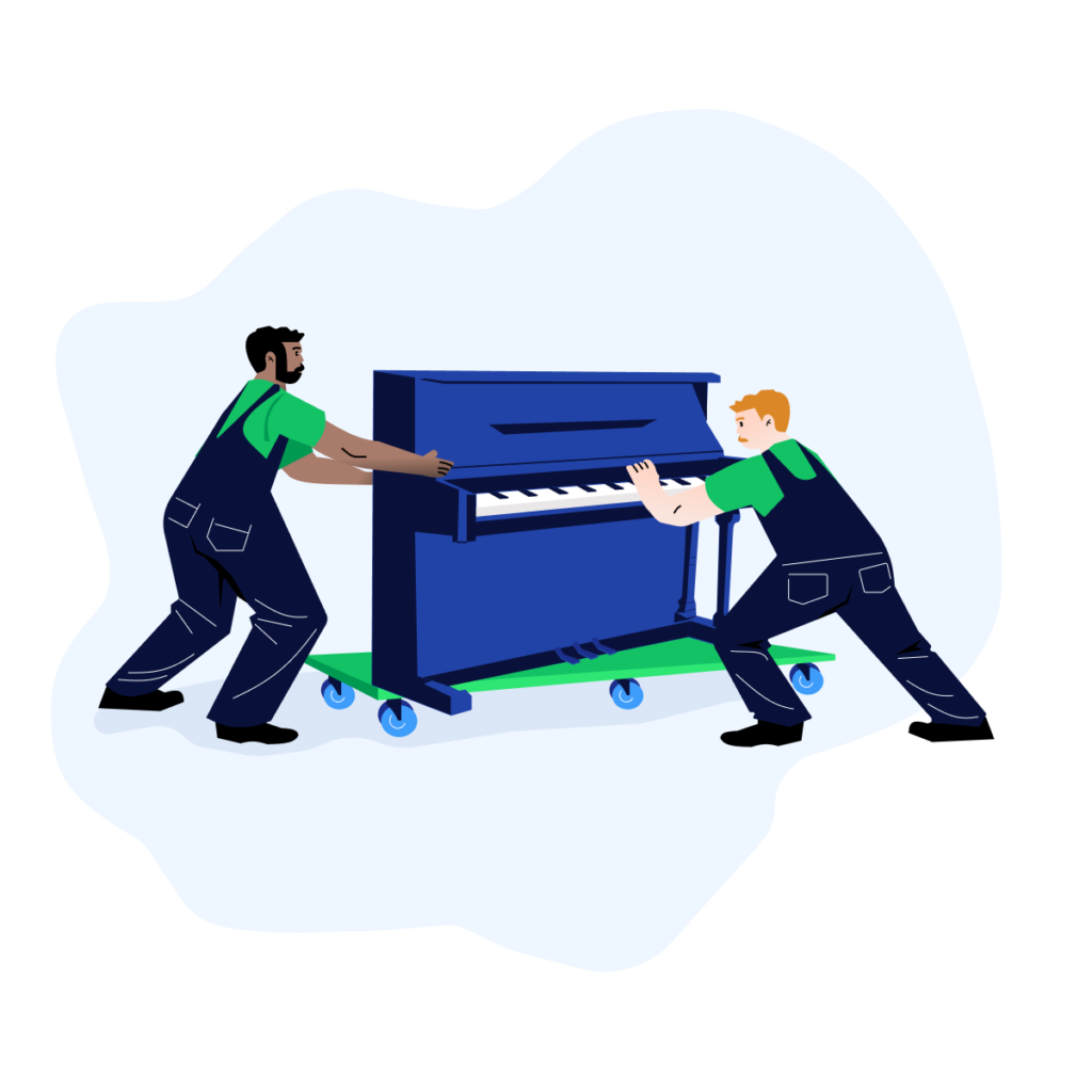Zwei Fachkräfte entladen ein Klavier aus dem Transporter, zeigen den sorgfältigen Ablauf eines Klaviertransports und die typischen Preisunterschiede.