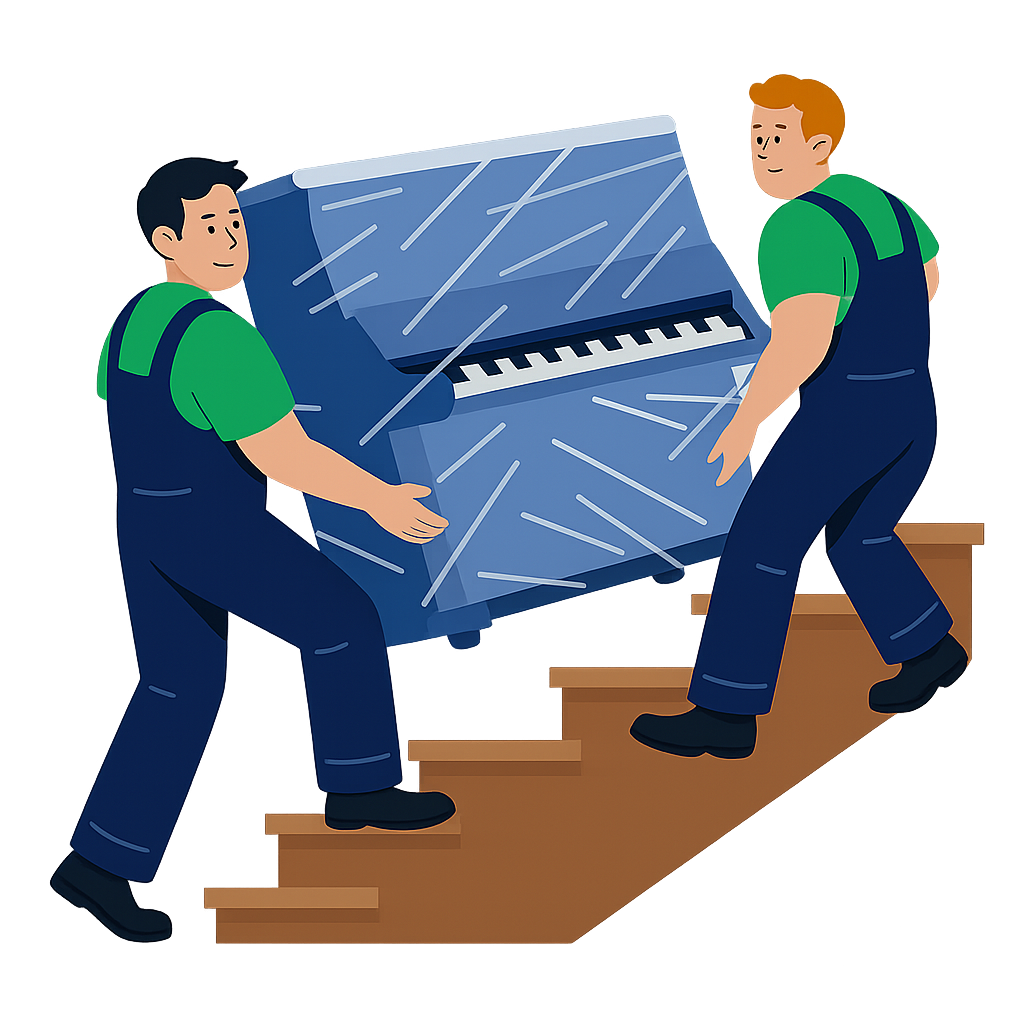 Umzugshelfer tragen ein schweres Klavier eine Treppe hinauf, veranschaulichen den anspruchsvollen Klaviertransport und die damit verbundenen Kosten und Preise.