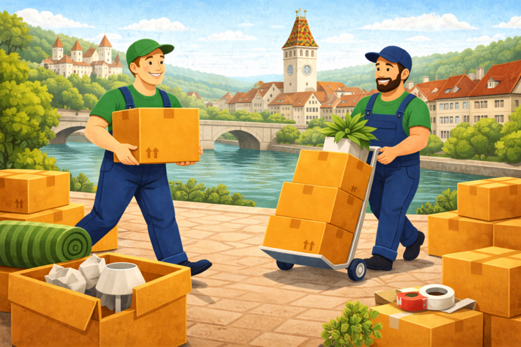 Zwei Umzugsprofis einer Umzugsfirma Aarau transportieren Umzugsgut mit Rollwagen bei einem sicheren Wohnungswechsel
