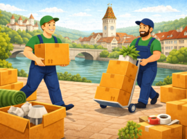 Zwei Umzugsprofis einer Umzugsfirma Aarau transportieren Umzugsgut mit Rollwagen bei einem sicheren Wohnungswechsel