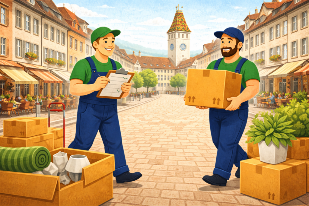 Erfahrene Umzugshelfer einer Umzugsfirma Aarau tragen Kartons sicher durch die Altstadt während eines Wohnungsumzugs