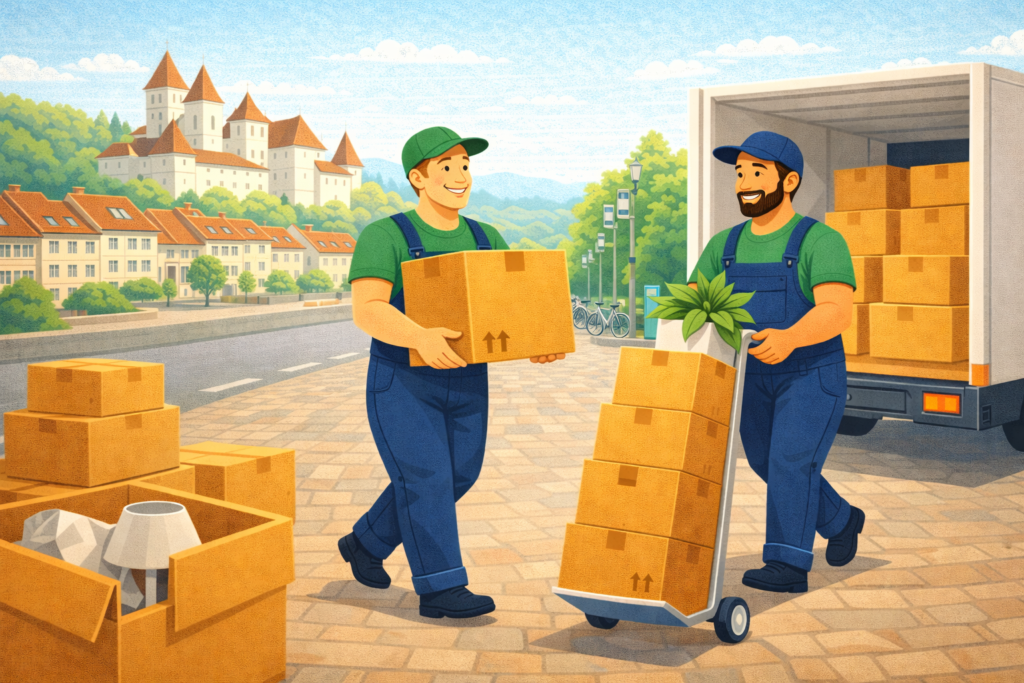 Professionelle Umzugsfirma Aargau beim Tragen von Umzugskartons und Möbeln beim Wohnungswechsel.