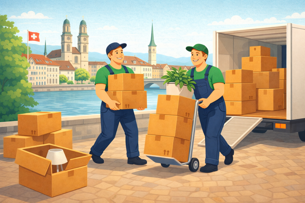 Zwei Umzugshelfer einer Umzugsfirma Zürich laden Umzugskartons effizient in einen Transporter am Umzugstag.