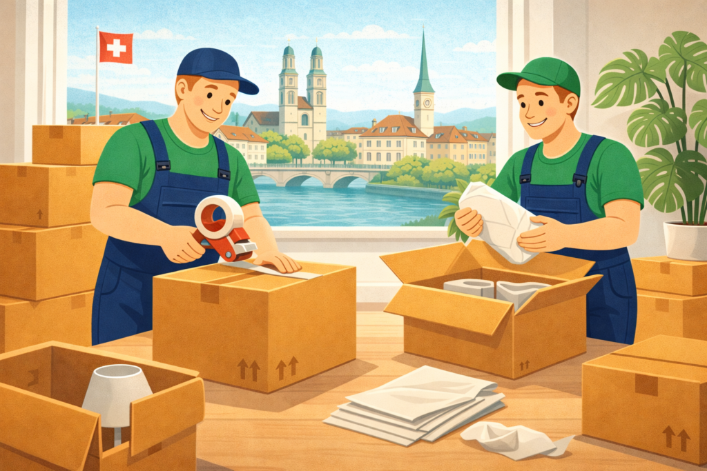 Professionelle Umzugsfirma Zürich beim sorgfältigen Verpacken von Umzugskartons in einer Wohnung mit Blick auf die Zürcher Altstadt.