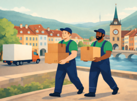 Zwei Umzugshelfer tragen Umzugskartons entlang eines Flusses in Biel, mit Umzugswagen im Hintergrund, professioneller Umzug Biel