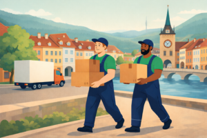 Zwei Umzugshelfer tragen Umzugskartons entlang eines Flusses in Biel, mit Umzugswagen im Hintergrund, professioneller Umzug Biel