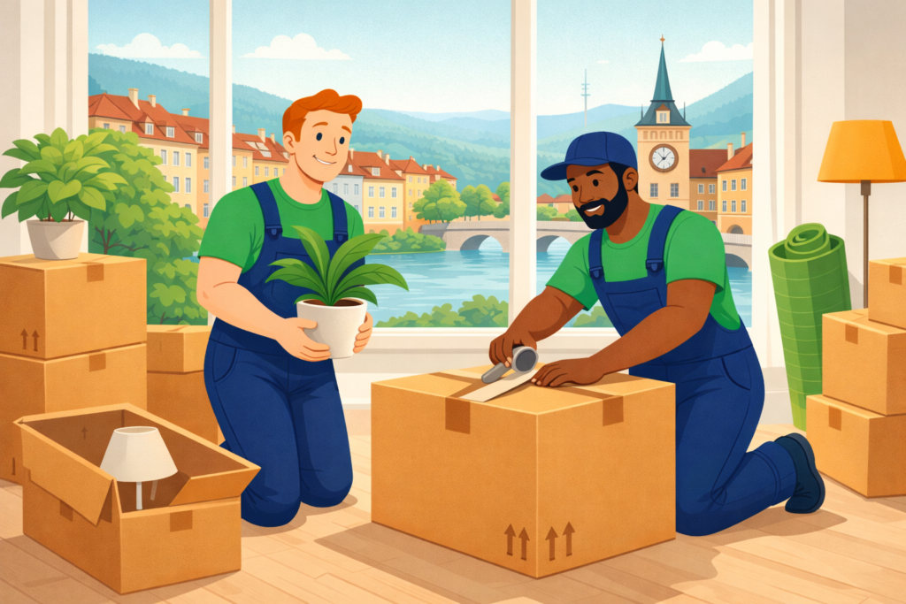 Zwei Umzugshelfer packen Kartons in einer Wohnung in Biel, mit Pflanzen, Möbeln und Blick auf die Stadt, sorgfältiger Umzug Biel.