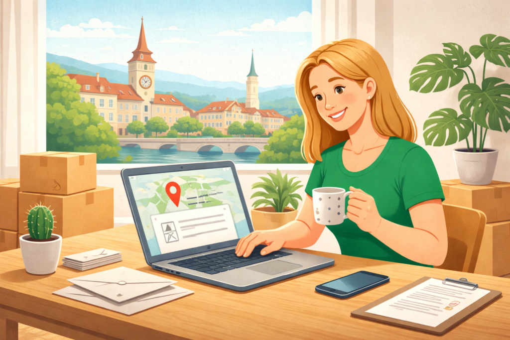 Frau sitzt am Schreibtisch, plant ihren Umzug nach St. Gallen am Laptop, um Angebote zu vergleichen und den Umzug zu organisieren.