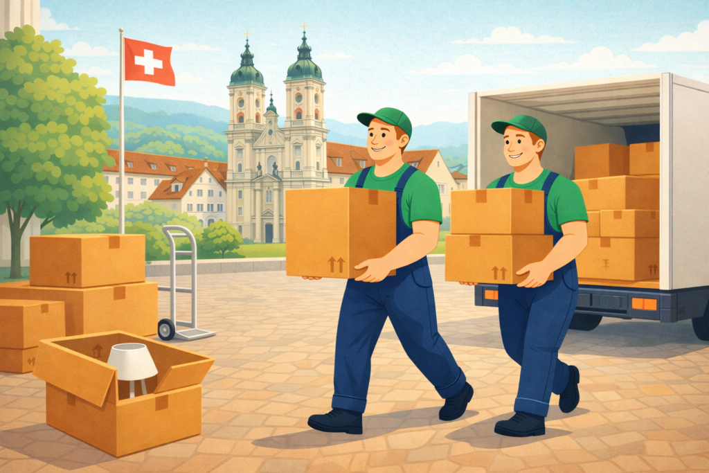 Zwei Umzugshelfer tragen Kartons vor einem Umzugswagen für Umzug St. Gallen, im Hintergrund die Kathedrale und eine Schweizer Flagge.