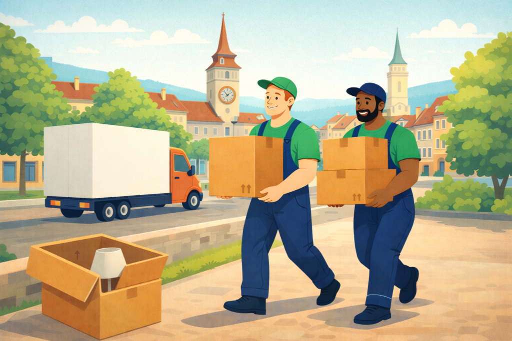 Umzugshelfer einer umzugsfirma winterthur tragen Umzugskartons in der Altstadt von Winterthur vor einem Umzugsfahrzeug.