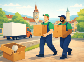 Umzugshelfer einer umzugsfirma winterthur tragen Umzugskartons in der Altstadt von Winterthur vor einem Umzugsfahrzeug.