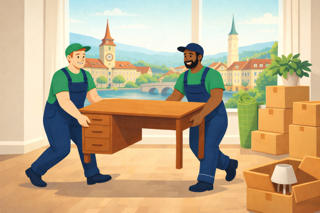 Zwei Umzugshelfer transportieren einen Schreibtisch in einer Wohnung in Winterthur während eines professionellen Umzugs.