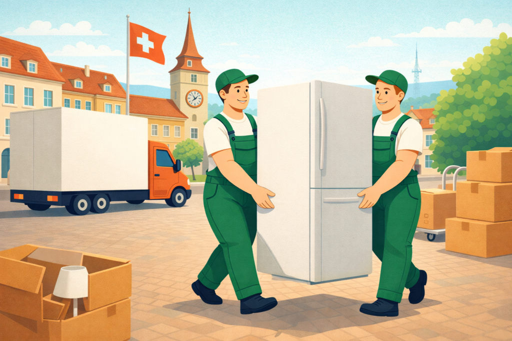 Umzugsfirma Winterthur transportiert einen Kühlschrank sicher vor einem Gebäude mit Schweizer Flagge.