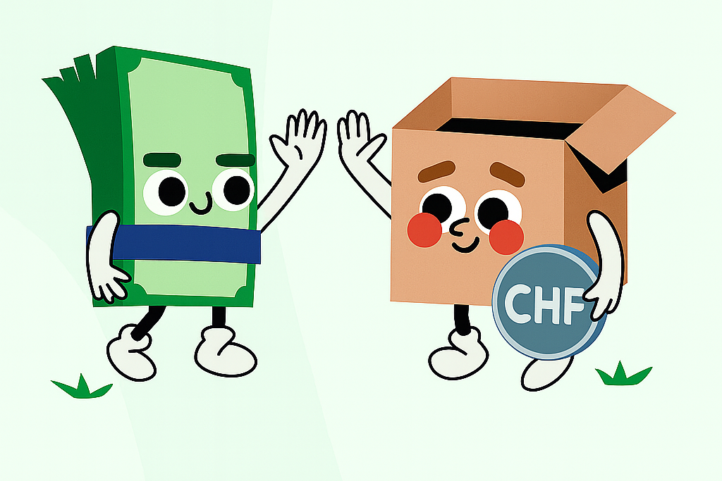 Lustige Illustration zeigt Geld und Karton mit CHF-Münze, symbolisiert, wie Umzugshelfer helfen, Umzugskosten zu sparen.